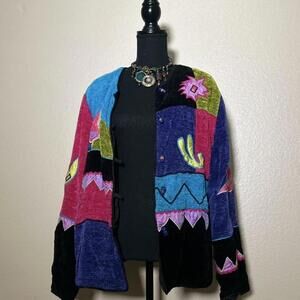 80s Vintage Drapers&Damon Velvet Patchwork Cardigan – Colorful Button-Up Sweater